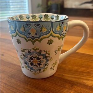 Pier 1 Imports Green Blue Floral Coffee Cocoa Mug 12 ounces